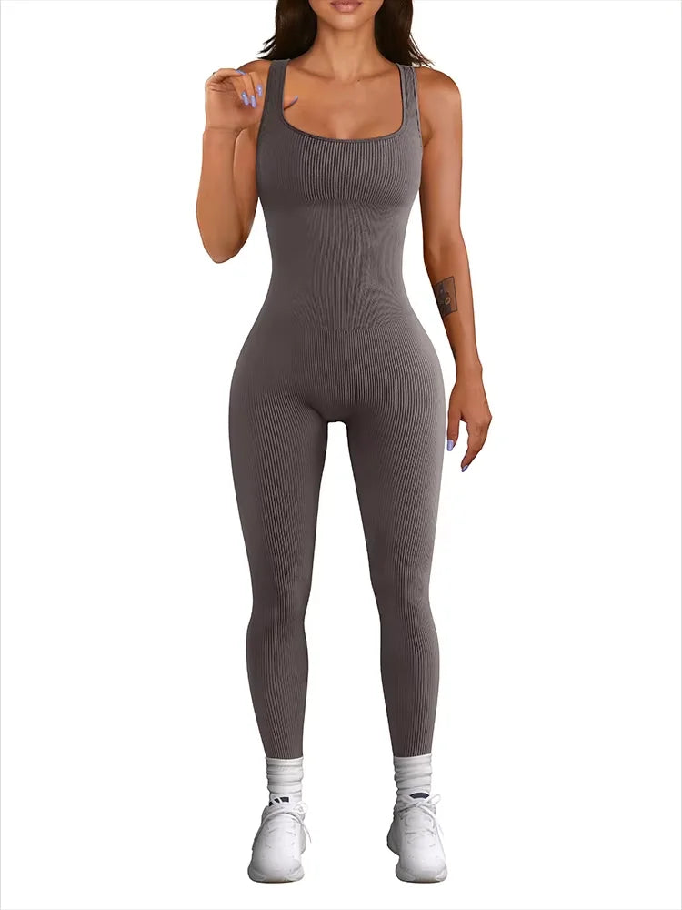 Women's Sleeveless Yoga Jumpsuit Exercise Ribbed Square Neck Vest High Waist Fitness Sports One-piece Yoga Suit
