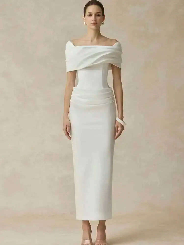 Polyester Slash-Neck Pleated Back Ankle-Length Evening Dress — Black | KIMLUD