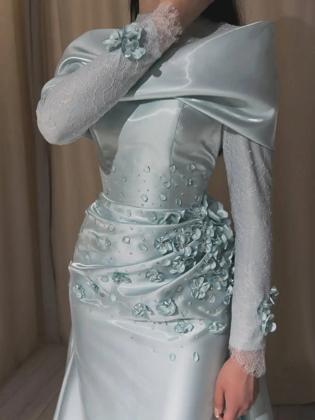 Mermaid Evening Dress – Floral Bead Decoration – Satin Lace – Not Specified | KIMLUD