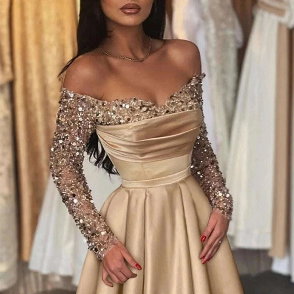 Elegant Luxurious Sequins Women Evening Dress Off Shoulder Slim Long S Elegant Luxurious Sequins Women Evening Dress Off Shoulder Slim Long S