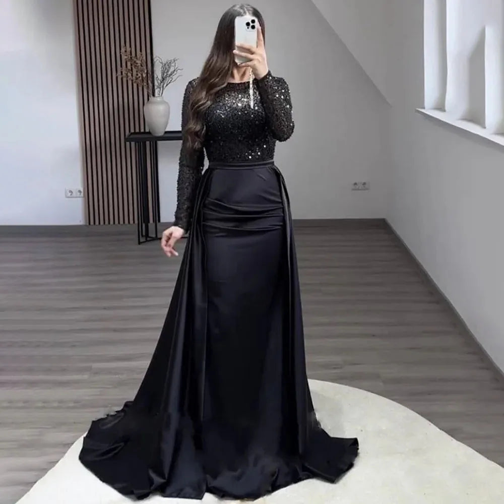 Women's Luxurious Sequins Evening Dress Round Neck Ruched Tiered Bodycon Maxi Dress For Female Prom Wedding Host Elegant Dresses