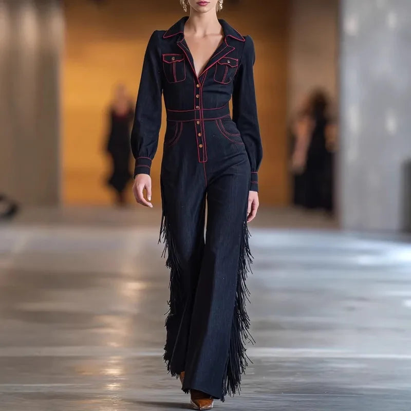 Denim Fringed Jumpsuit Button Front Deep V-Neck — Black | KIMLUD