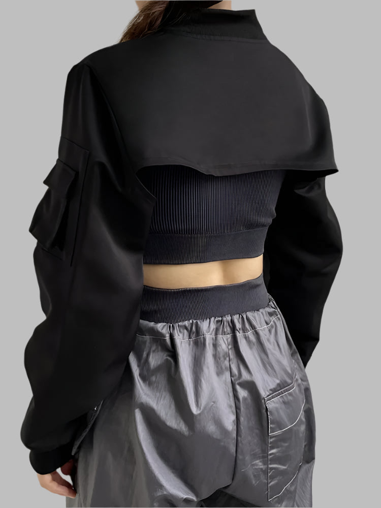 Showmirror Super-short Black Jacket Zipper Long Sleeve Harajuku Cropped Tshirt Gothic Techwear Fashion Korean Tee Punk Street