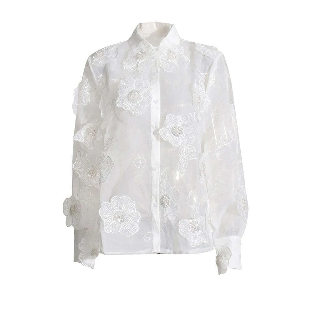 KIMLUD, VGH Patchwork Appliques Solid Casual Blouses For Women Lapel Long Sleeve Spliced Sheer Mesh Temperament Loose Shirts Female New, KIMLUD Womens ClothesKIMLUD, VGH Patchwork Appliques Solid Casual Blouses For Women Lapel Long Sleeve Spliced Sheer Mesh Temperament Loose Shirts Female New, White / S, KIMLUD APPAREL - Womens Clothes