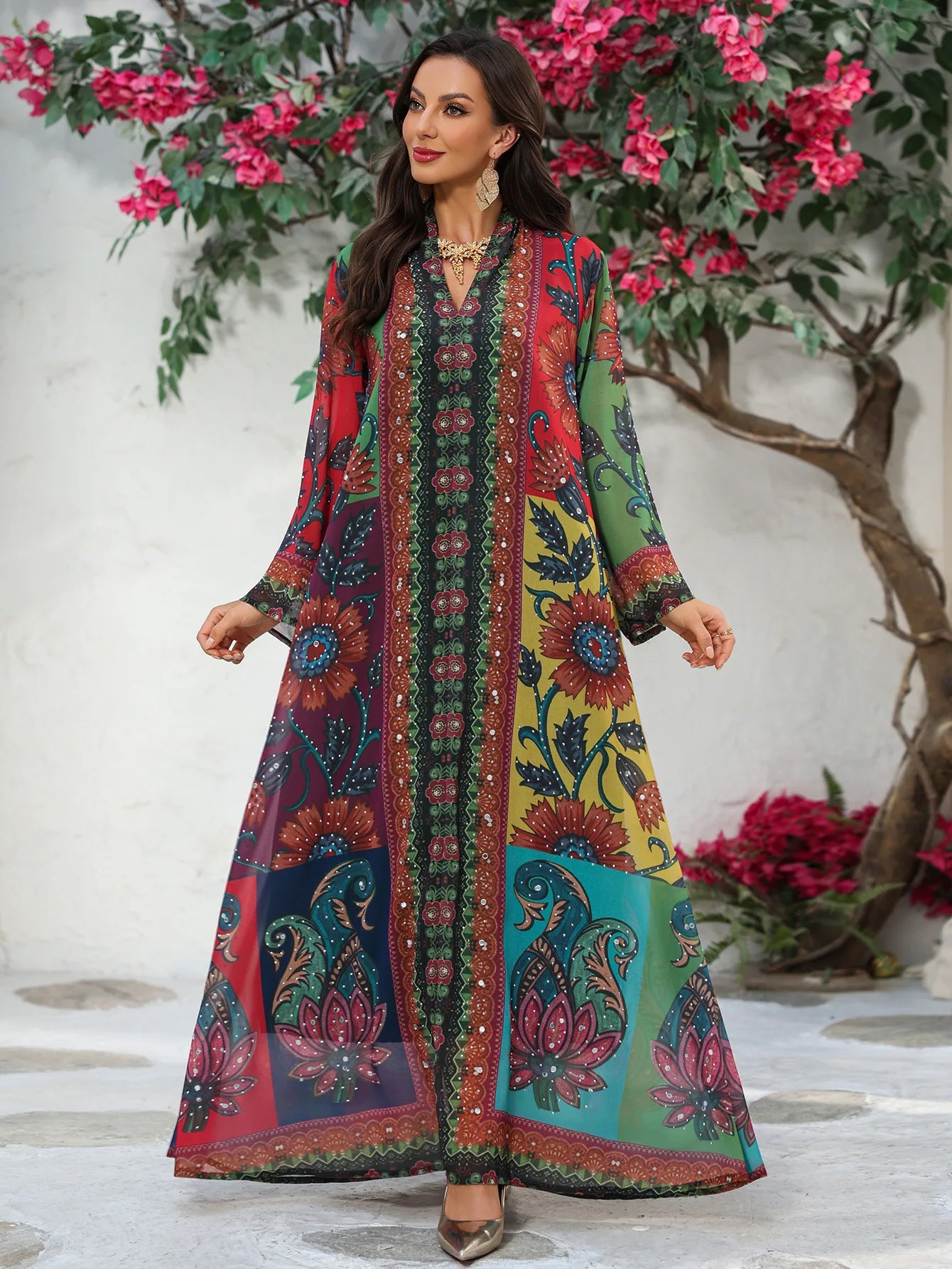Polyester Abaya Dress Diamond Print — Multicolor | KIMLUD