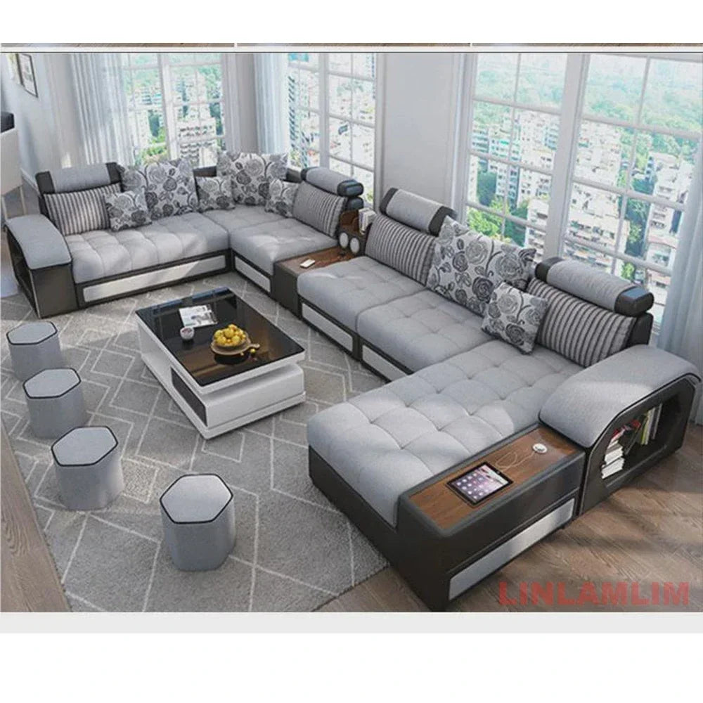 U-Shaped Sectional Fabric Sofa With Storage And Built-In Side Table — Gray | KIMLUD