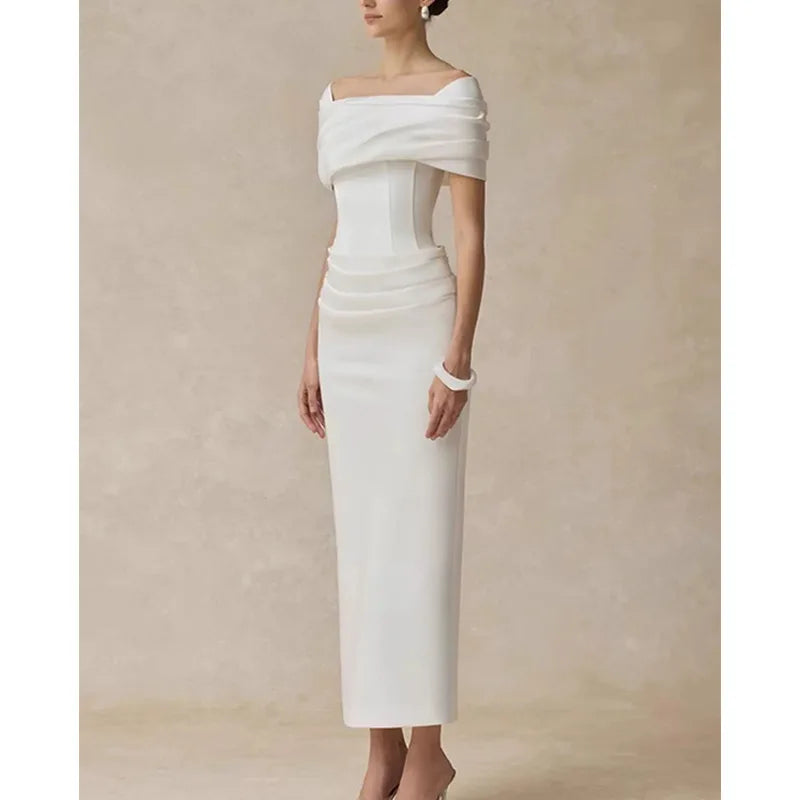 Bodycon Dress High-Waist Off-Shoulder Short Sleeves — White | KIMLUD