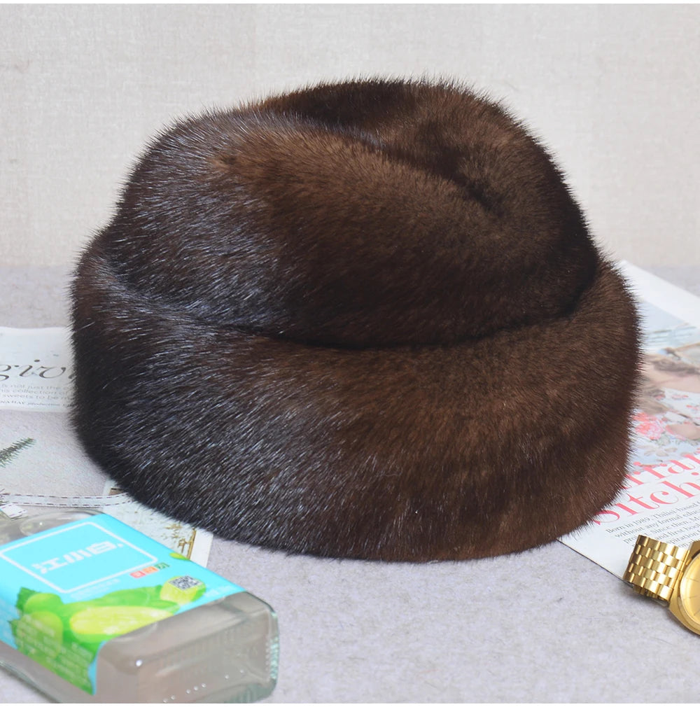 Mink Fur Winter Hat — Top-Hat Crown Silhouette — Deep Black | KIMLUD