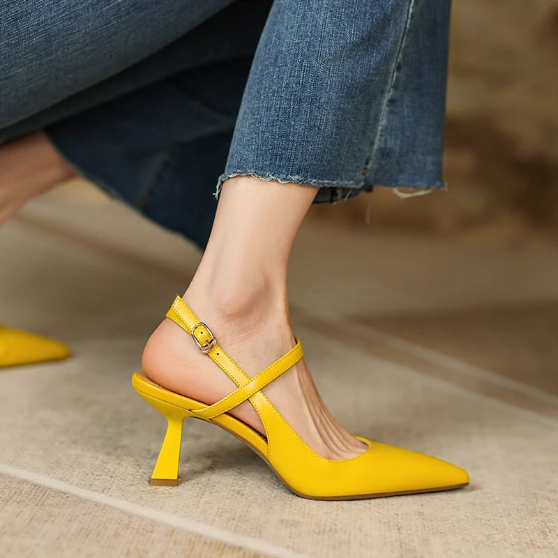 Genuine Leather Slingback Shoes Pointed Toe High Heels — Black | KIMLUD