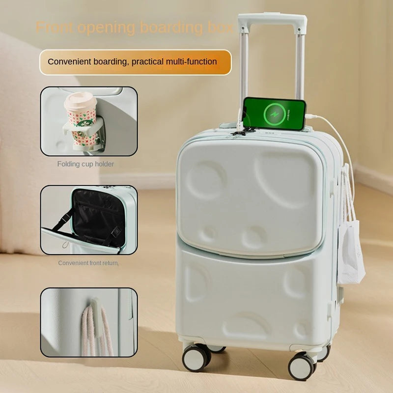 New Suitcase Front Opening Luggage with USB Cup Holder Girl Travel Wheeled Suitcases 18 20 26 Inch Suitcase Trip Cabin Carry-on