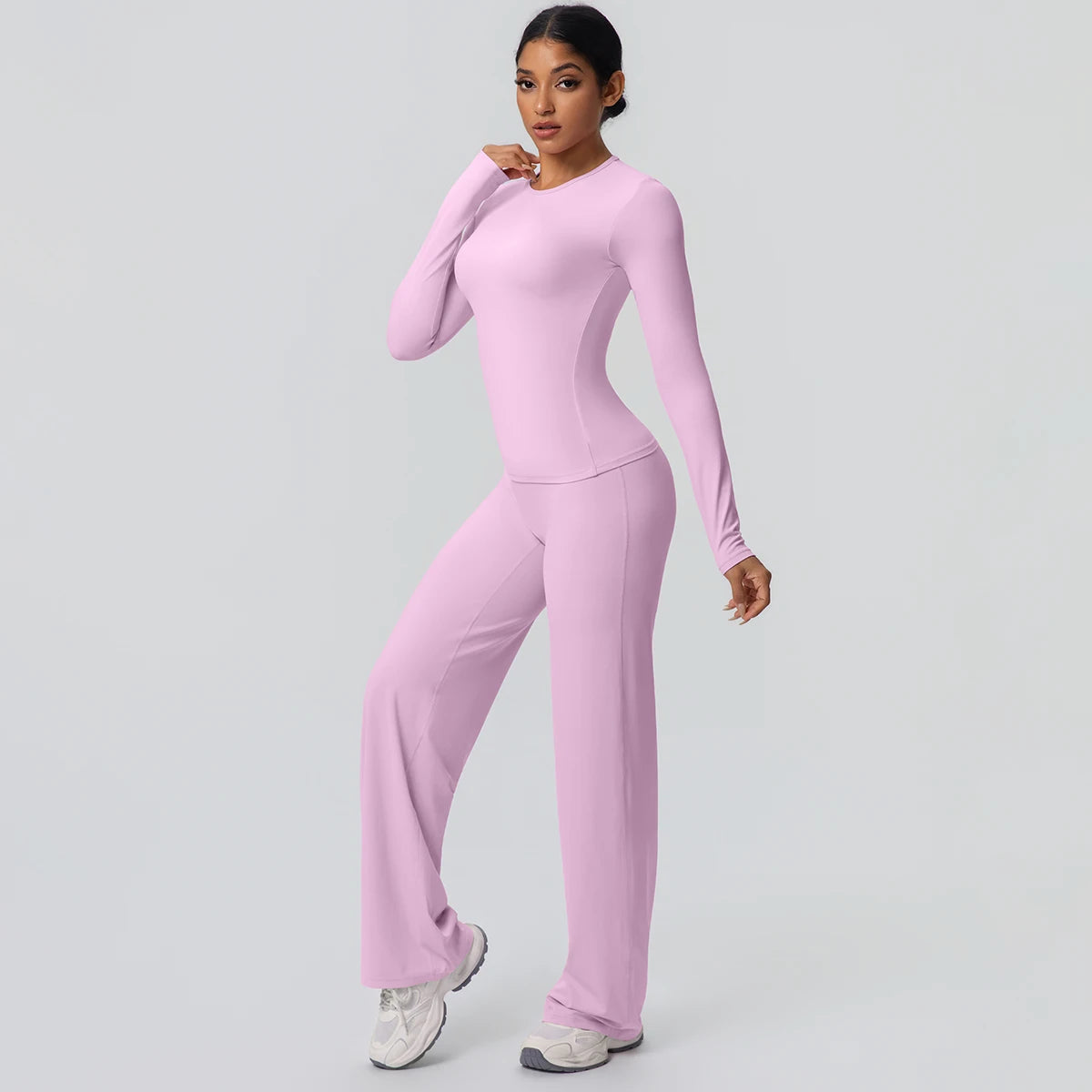 Yoga Set – Slim Long Sleeve Top and Wide Leg Pants – Nylon Elastane | KIMLUD