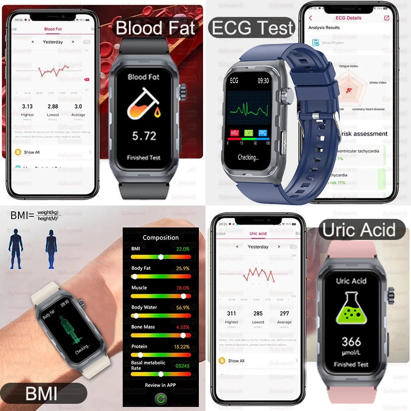 2025 New Nursing Grade ECG+PPG Pulse therapy Smartwatch Men Blood lipid Uric acid Bluetooth call Health Bracelet For Android iOS