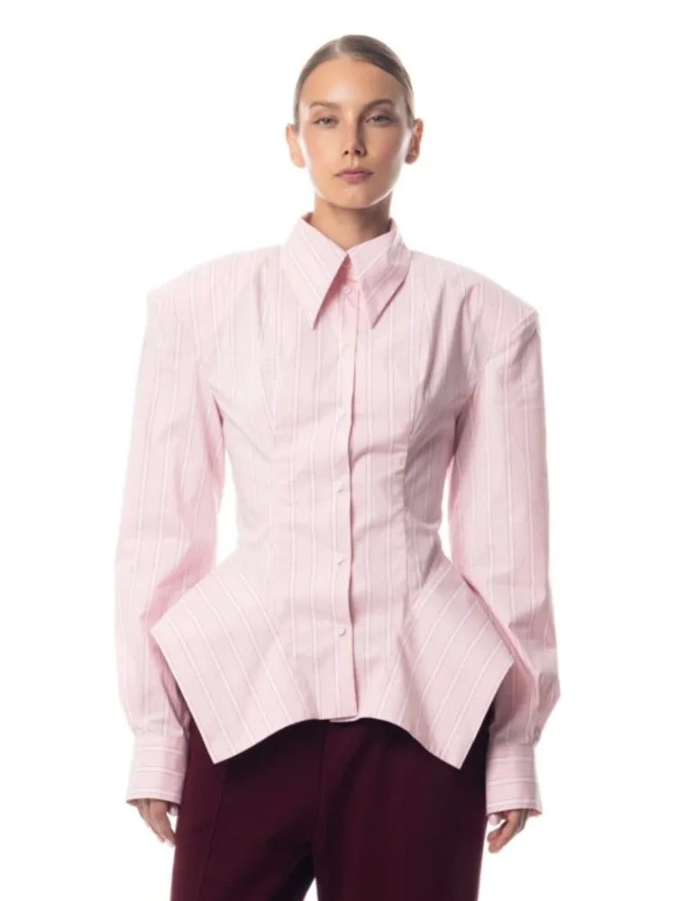 DFDG Women's Spring Summer Lapel Striped Fitted Asymmetrical Hem Shirt Casual Office Date 2026 Trendy Feminine Fashion Shirt