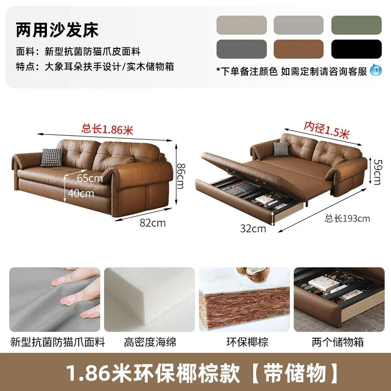 Faux Leather Sofa Bed Italian Modern Silhouette With Convertible Chaise Lounge — Brown | KIMLUD