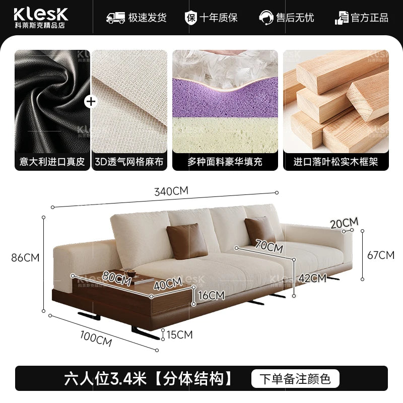 Linen-Cotton Minimalist Straight Sofa With Edge Table — Ivory | KIMLUD