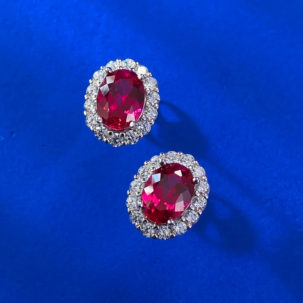 Sterling Silver Stud Earrings Oval Cut Ruby Sapphire — Multicolor | KIMLUD