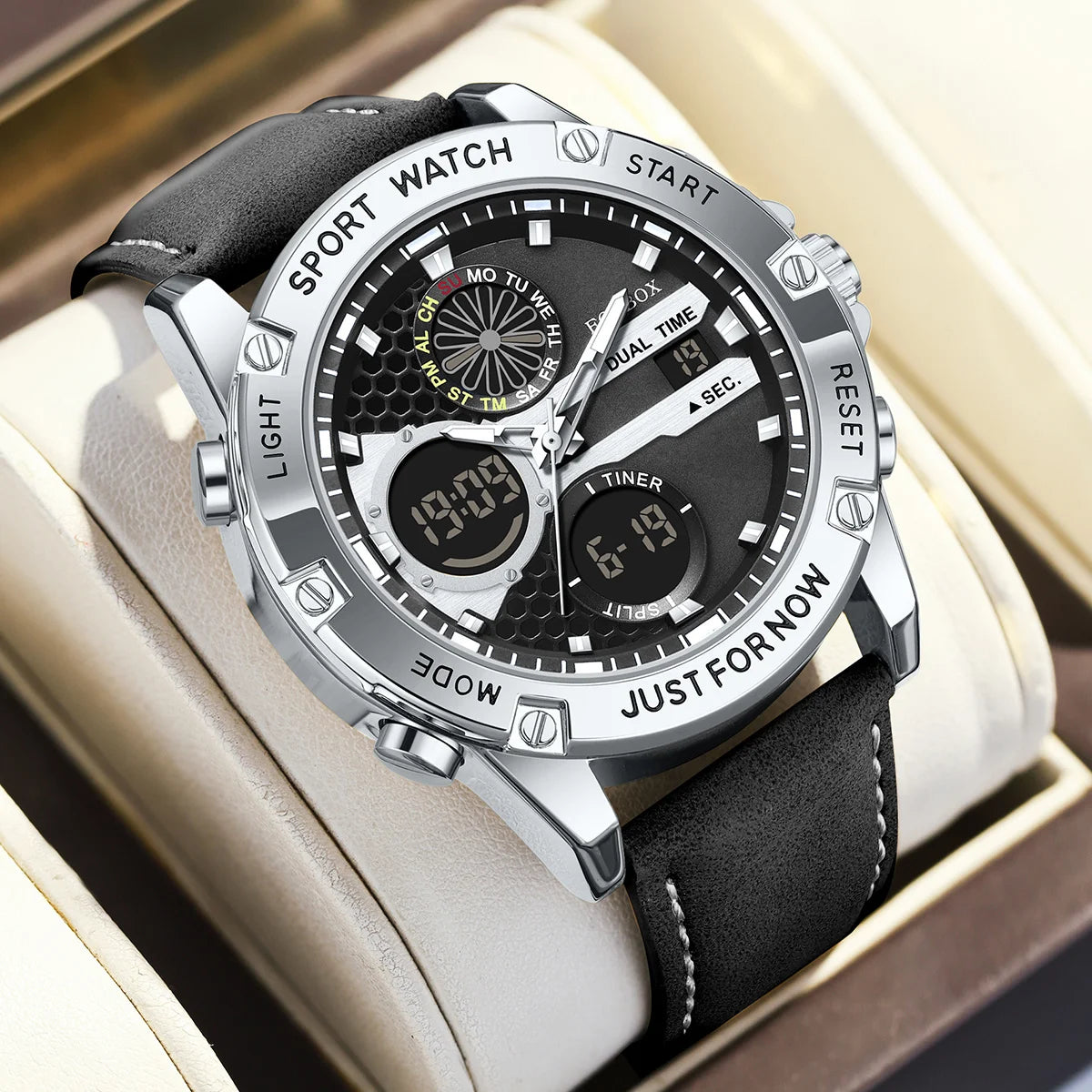 FOXBOX Fashion Men's Luxury Watch Leather Strap Quartz Watches Business Dual Display Waterproof Date Chronograph Man Watch+Box