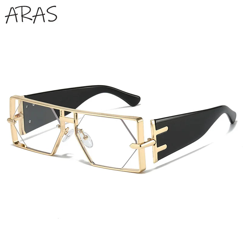 Steampunk Sunglasses Rectangle Hexagon Frame Hollow Alloy — Gold | KIMLUD