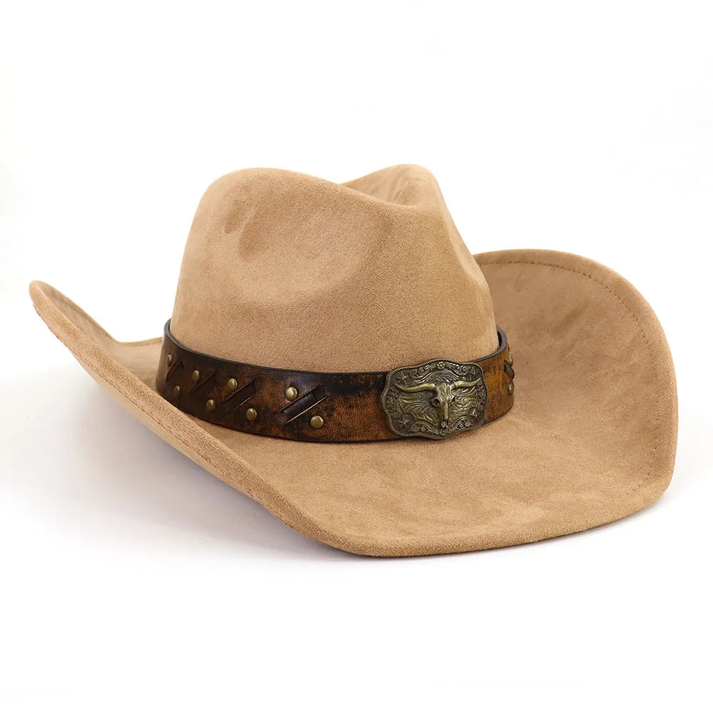 Leather Band Suede Cowboy Hat Big Brim Bull's Head — Brown | KIMLUD