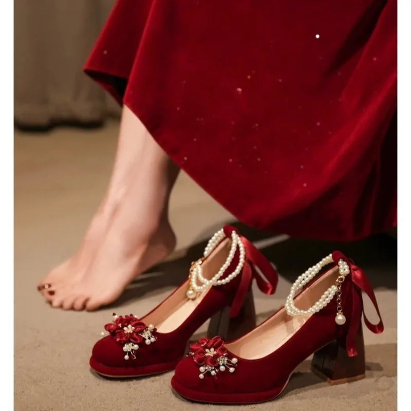 PU Mary Jane Pumps With Crystal Floral Embellishments — Crimson Red | KIMLUD