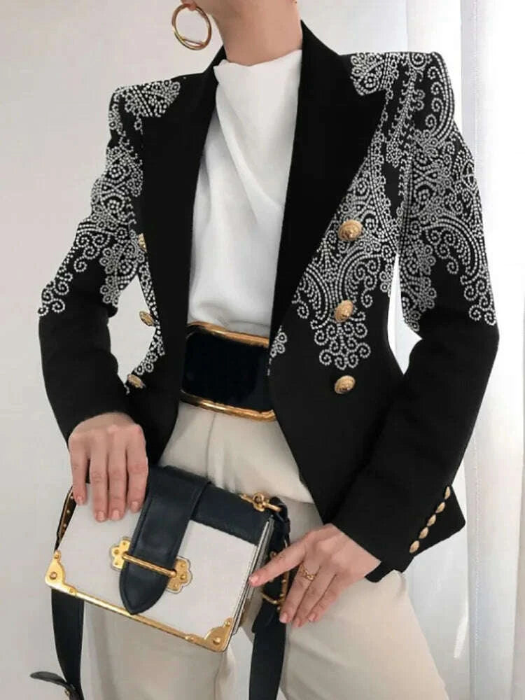 KIMLUD, Long Sleeve Button Patchwork Simple Outerwear, Women Spring Autumn Turn-Down Collar Chic Coats, New Print Fashion Ladies Blazers, KIMLUD Womens Clothes