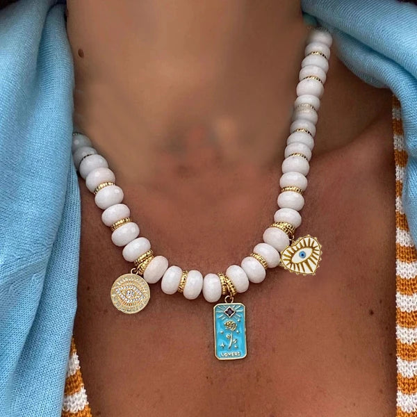 Handmade Lucite Beaded Pearl Choker Necklace — Blue | KIMLUD