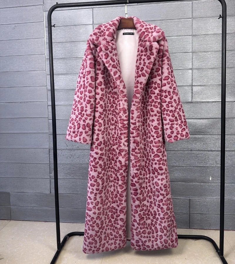 Fur Coat – Faux Rabbit Hair – Leopard Print Overcoat X-Long | KIMLUD