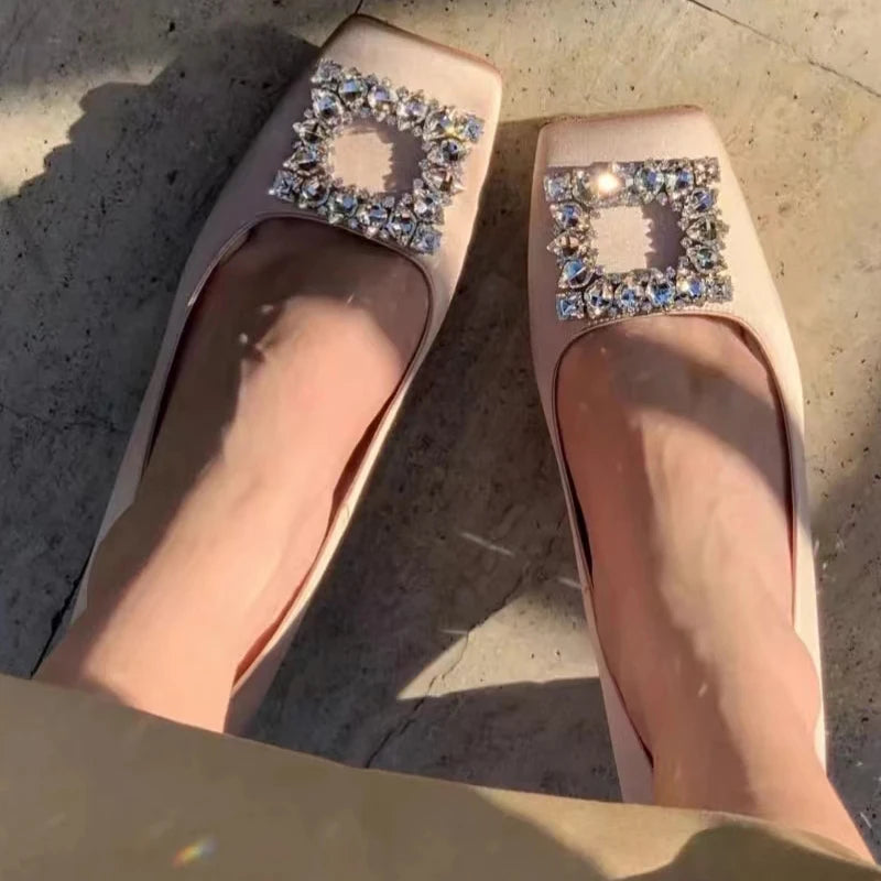 Satin Rhinestone High Heels Square Toe — Champagne | KIMLUD