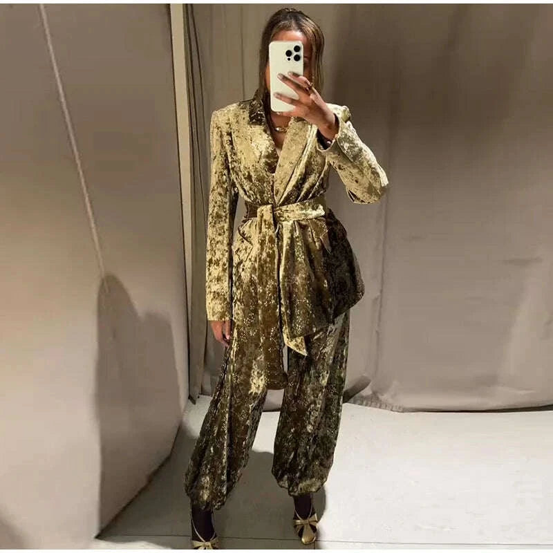 KIMLUD, Fashion Velvet Print Lapel Belt Suit Pant Set Women Solid Lace Up Full Sleeve Blazer Wide Leg Cuffed Pants 2025 Autumn Lady Sets, KIMLUD Womens Clothes