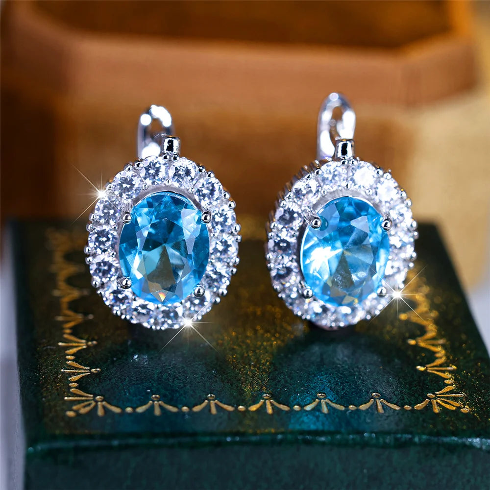 Sterling Silver Zircon Hoop Earrings Small Delicate Blue-Green Stones — Blue-Green | KIMLUD