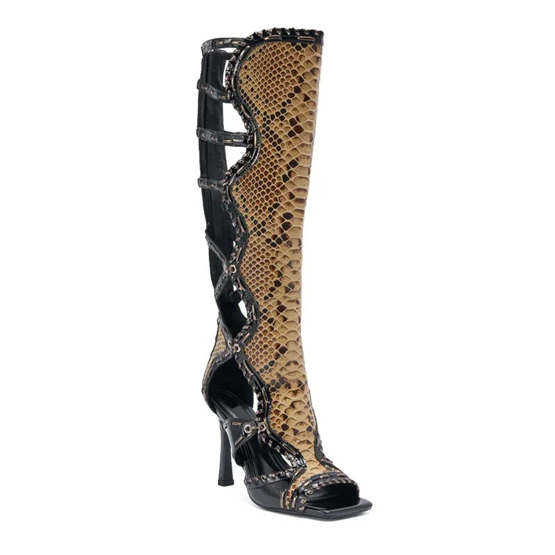 Boots – Patchwork Leather Hollow Out – Square Toe – Zipper Thick Heel | KIMLUD