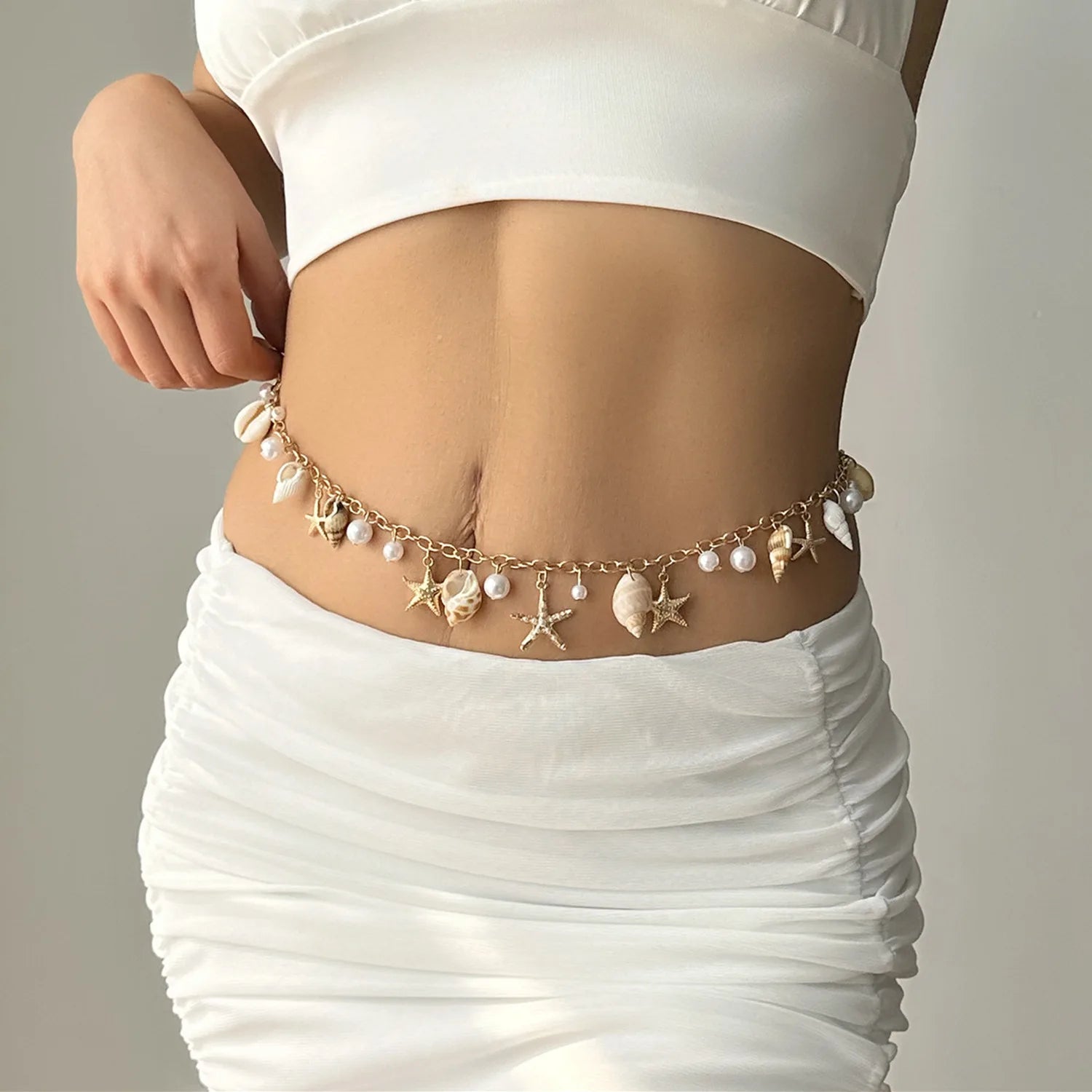 Bohemian Imitation Pearl Waist Belly Chain Starfish Pendant — White | KIMLUD