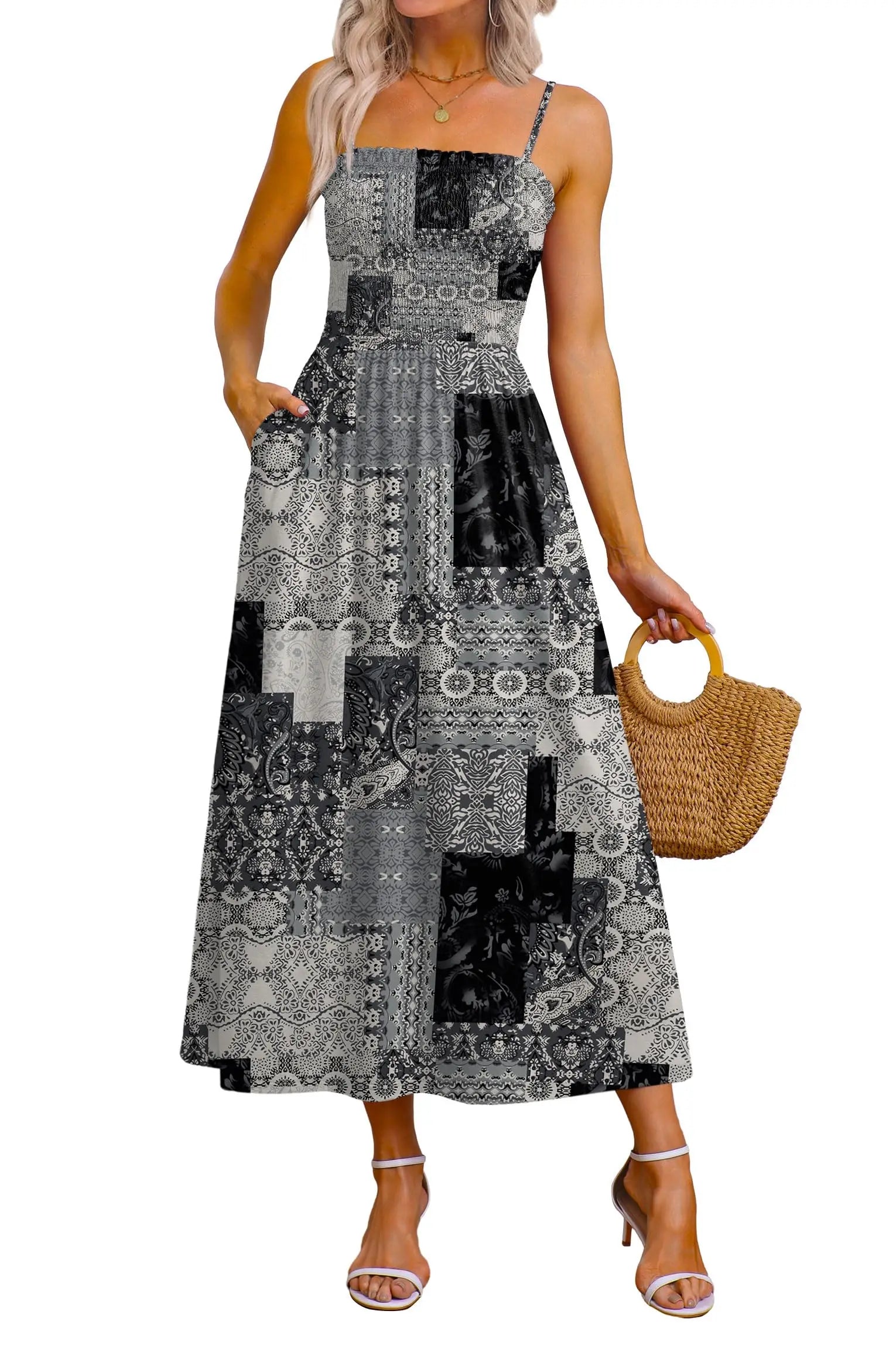 Spaghetti Strap Maxi Dress – Smocked Waist – Polyester Fiber | KIMLUD