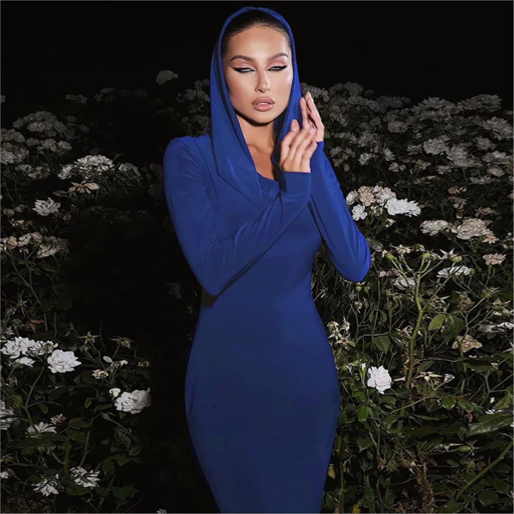 Hooded Long-Sleeve Dress – Slim Silhouette – Polyester | KIMLUD