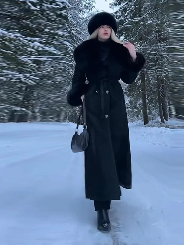 Fur Collar Coats For Woman Belt Long Jackets Winter Outwear Vintage Black Coat Double Breasted Tops Warmed Casual Lady Clothes