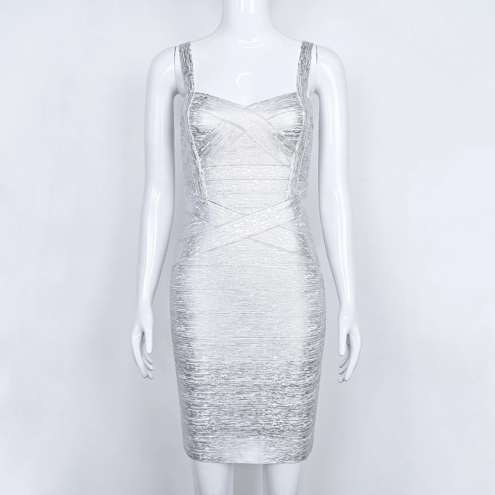 Metallic Bandage Dress Spaghetti Strap Foil Print Mini — Gold | KIMLUD