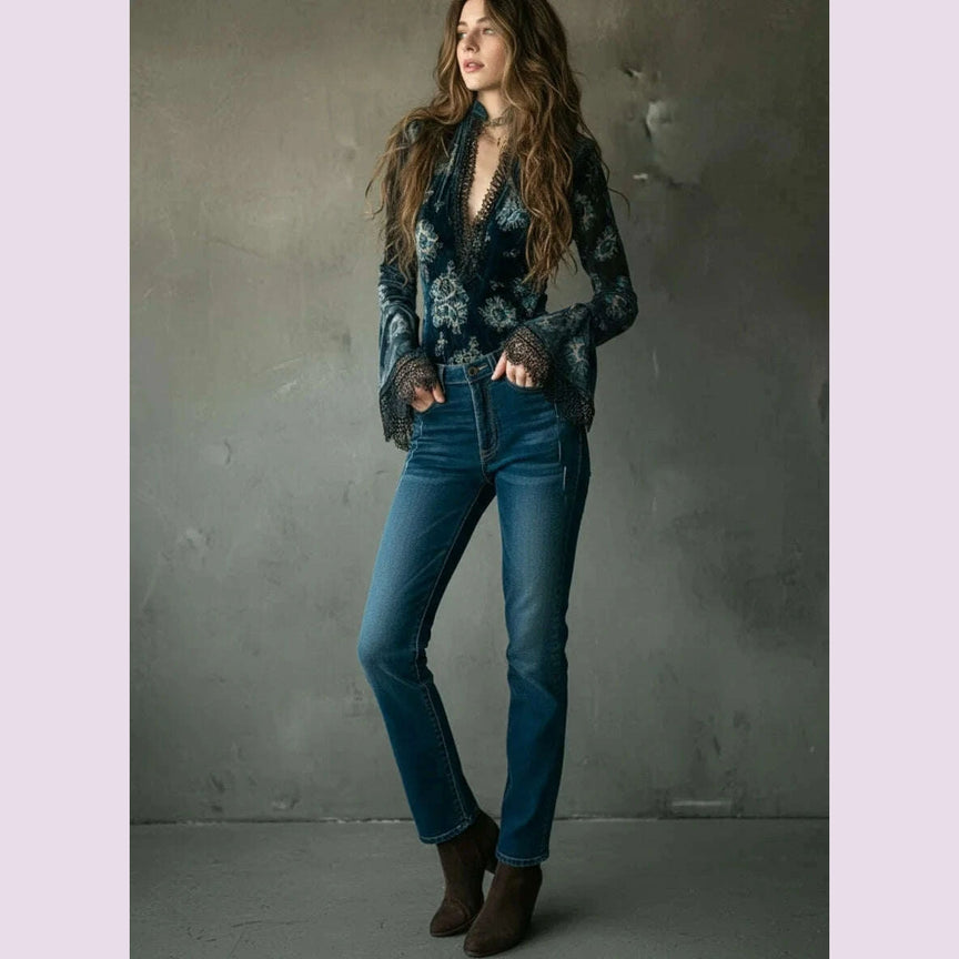 Lace Trim Sexy V-neck Blouse Tops Flare Sleeve Retro Floral Printed Slim Velvet Autumn Elegant Boho Casual Chic Blouse Tops