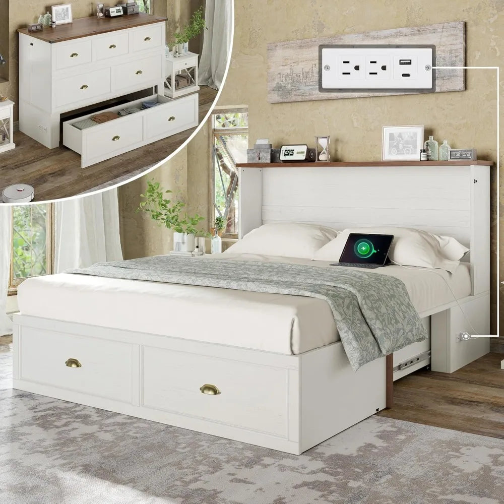 Queen Size Murphy Bed, Farmhouse Wooden Cabinet with Charging Station and Storage Drawer for Bedroom/Office/Guest Room,