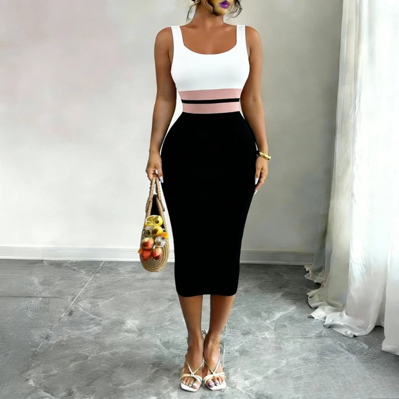Knit Midi Dress Patchwork Square Neck — White and Black | KIMLUD