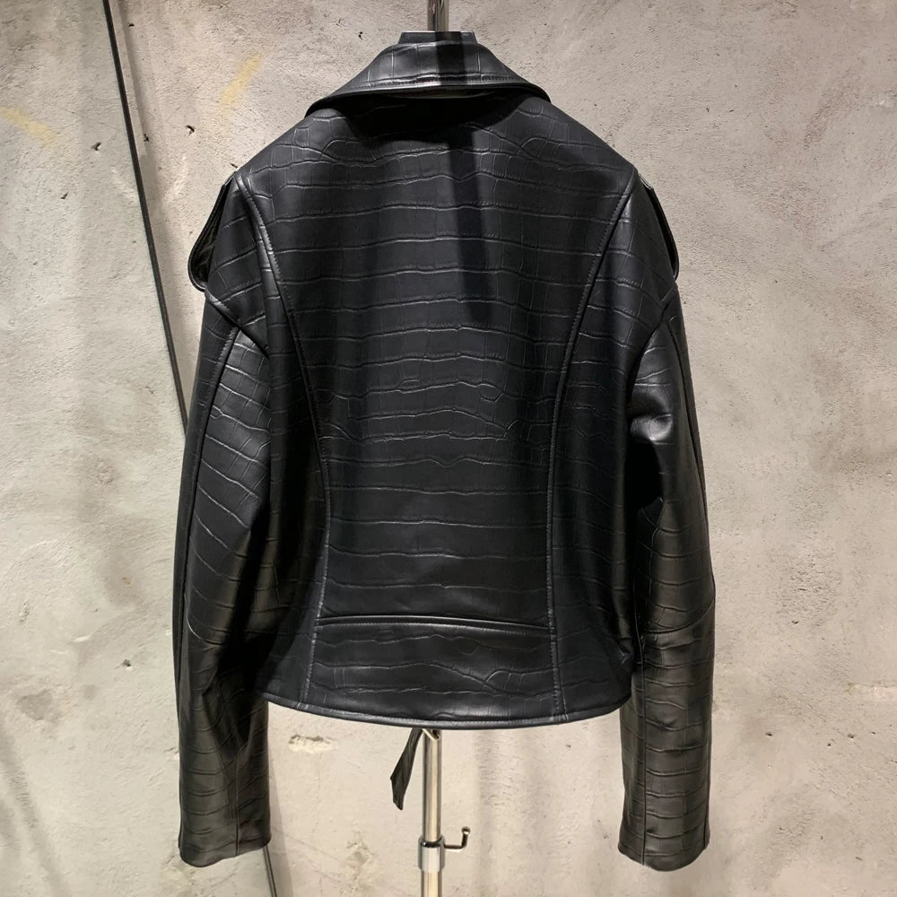 Crocdile Leather Bomber Ladies Real Sheepskin Coat Genuine Sheep Leather Biker Jacket 20325
