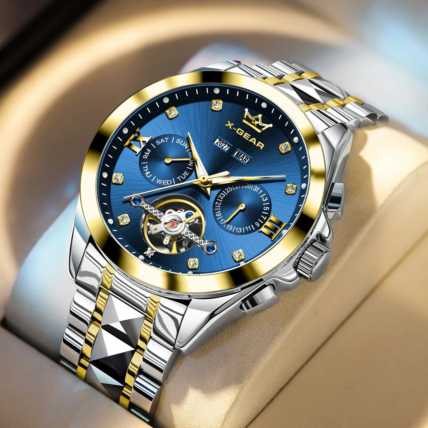 Men's Automatic Mechanical Watch with Tourbillon Waterproof Luminous Stainless Steel Strap Luxury Multi-Functional Timepiece