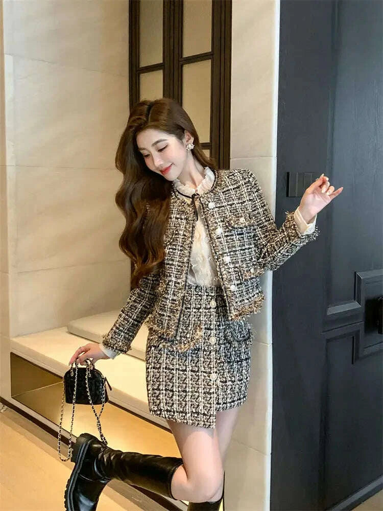 KIMLUD, 2025 Autumn Winter New Chic Two-Piece Skirt Women's Fashion Loose Burrs Elegant Sweet Tweed Jacket+Skirt Female Two-Piece Suit, KIMLUD Womens Clothes