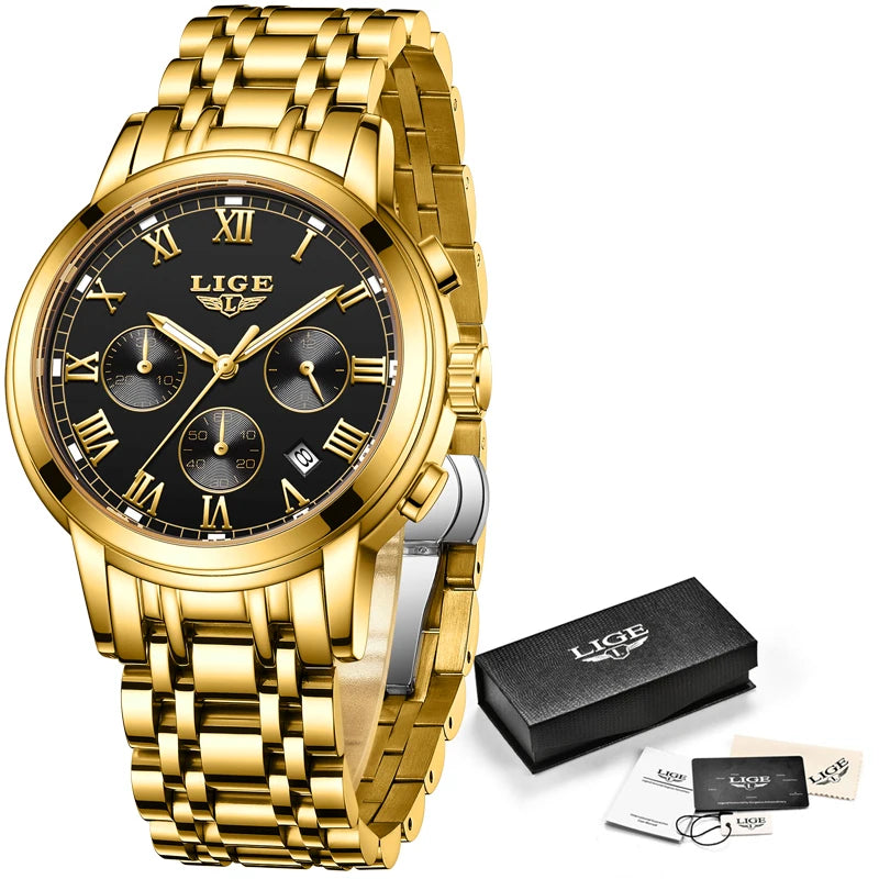 LIGE 2023 New Gold Watch Women Watches Ladies 30M Waterproof Steel Women's Bracelet Watches Female Clock Relogio Feminino+BOX
