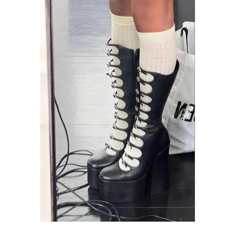 PU Knee-High Mary Jane Boots Belt Buckle Patchwork — Warm Tan | KIMLUD