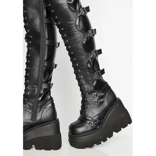 Over-the-Knee Boots – Gothic Wedge Platform – PU | KIMLUD
