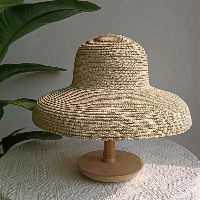 Straw Hepburn Sun Hat Wide Brim Foldable — Natural | KIMLUD