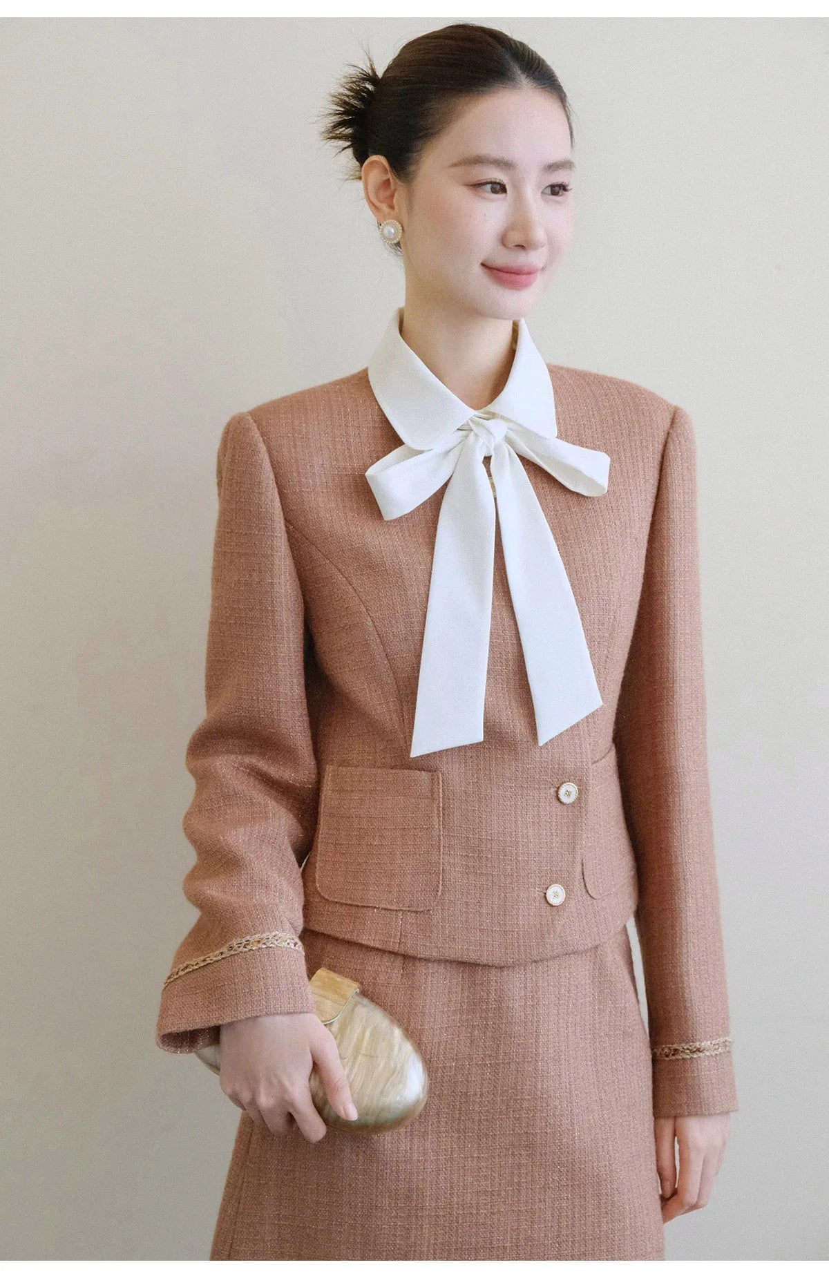 XXNING Luxury Faion Set Women's Autumn Winter ort Coat Skirt Two-Piece Suit Ele Lady Sle Knot Design