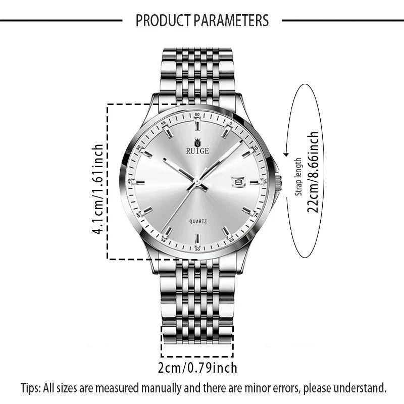 RUIGE Business Men's Quartz Watch Stainless Steel Calendar Men's Night Light Waterproof Fashion Versatile Watch B2-2