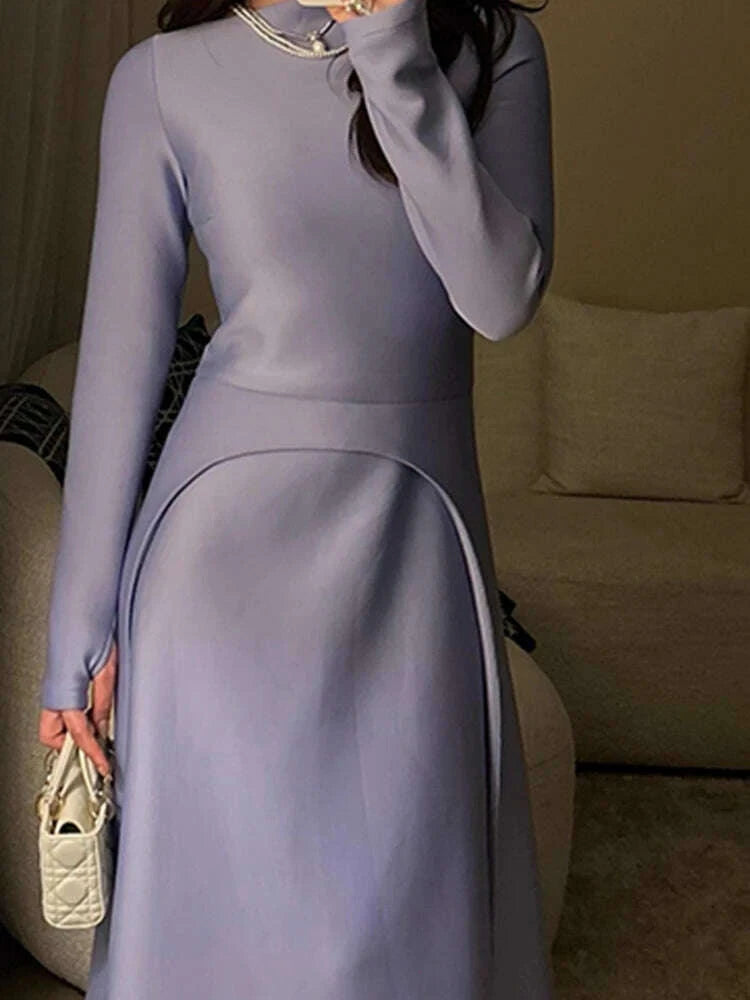 Ladies Elegant O-neck Long Sleeve Party Dress Women Fashion Splicing H