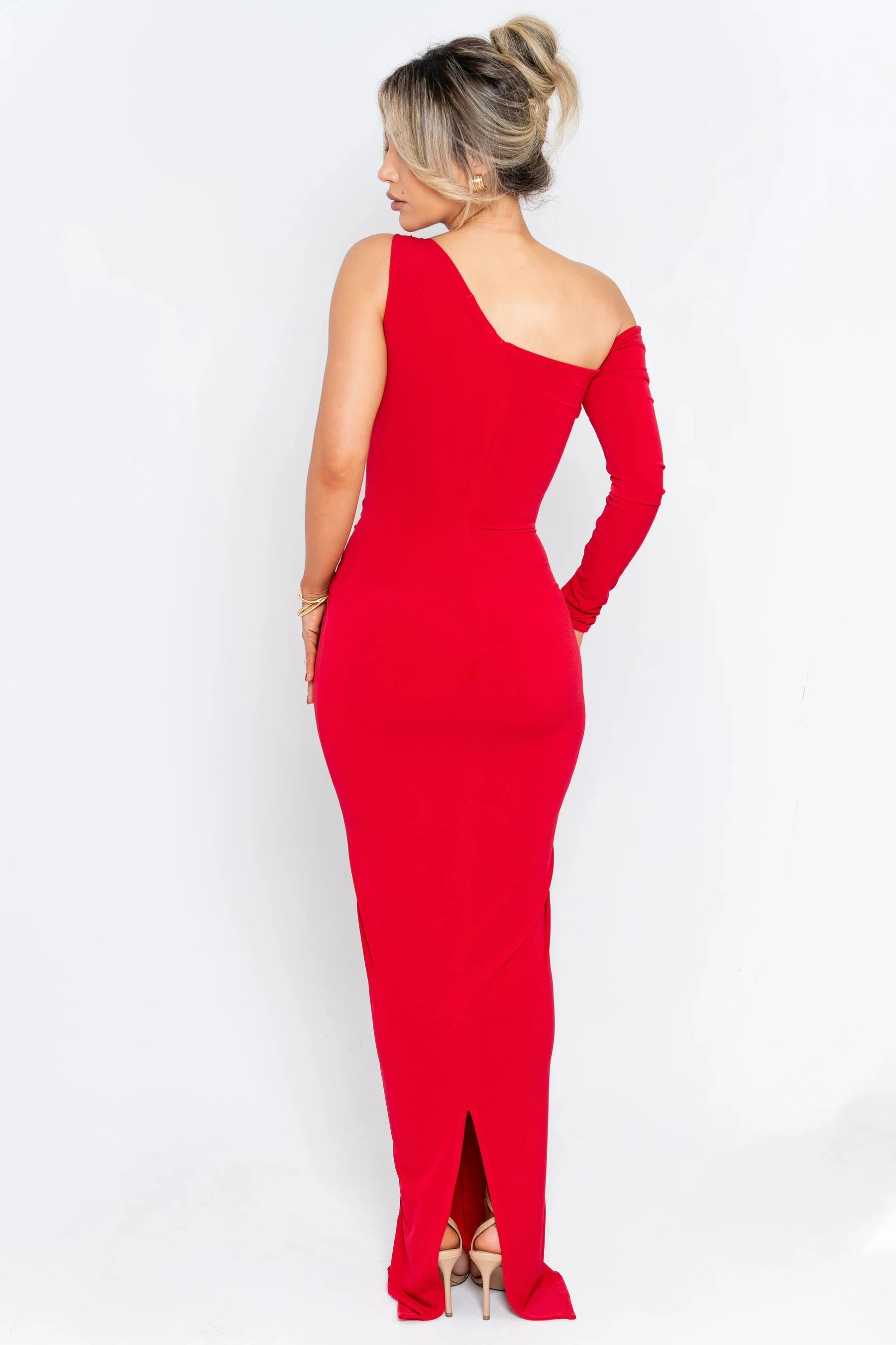 Bodycon Hollow-Out Dress Single-Sleeve — Red | KIMLUD